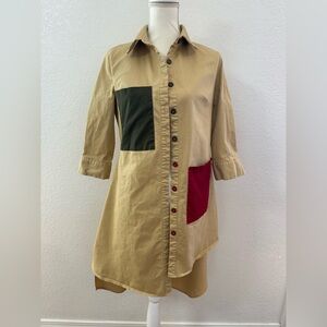 SECRET Beige color block Shirt Dress Button Down Patch Pocket Collared M